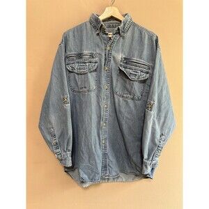 Vtg Men’s Trail Designs Cotton Denim Jean‎ Button Down Shirt Pockets Size Large